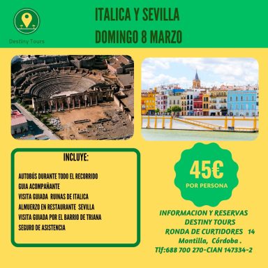 Vista de Itálica y Sevilla, con información sobre un tour del 8 de marzo. Precio: 45€ por persona.