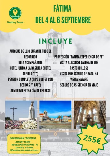 Promoción para un viaje a Fátima del 4 al 6 de septiembre, incluye hotel y actividades.