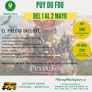 Promoción para el viaje a Puy du Fou del 1 al 2 de mayo, con detalles de precios y reservas.