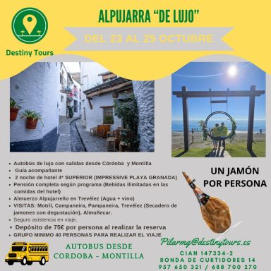 Ruta por la Alpujarra con actividades y degustación de jamón. Fechas: 23-26 octubre.