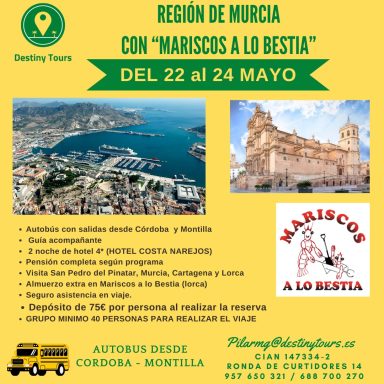 Publicidad del tour "Mariscos a lo Bestia" en la región de Murcia del 22 al 24 de mayo.